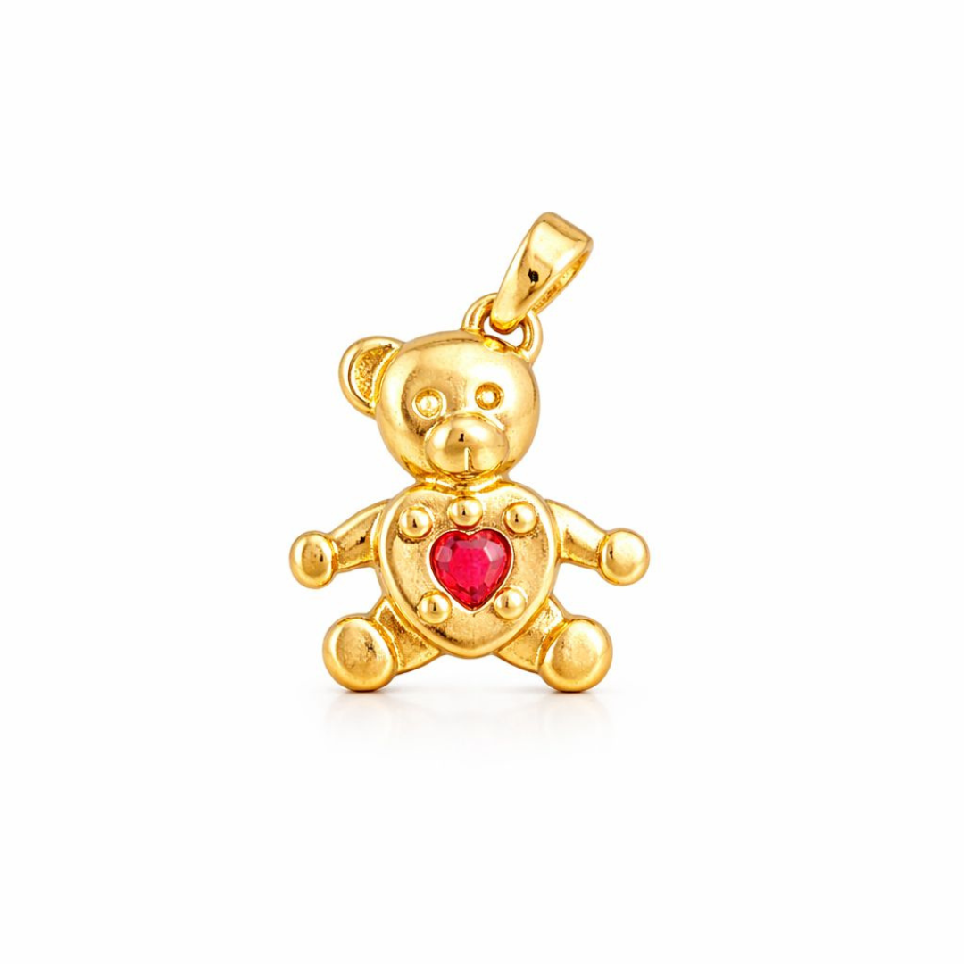 14K Gold Teddy Bear Charm Pendant with Red Heart Stone
