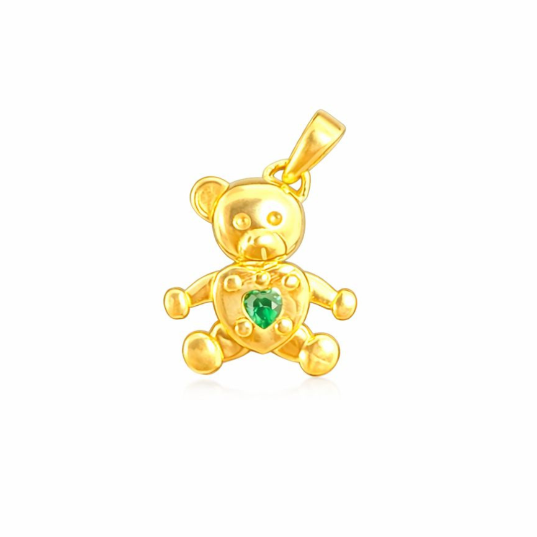 14K Gold Teddy Bear Charm Pendant with Green Heart Stone