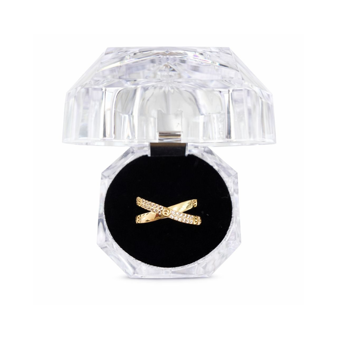 14K Gold Crossover Ring with Pavé Stones